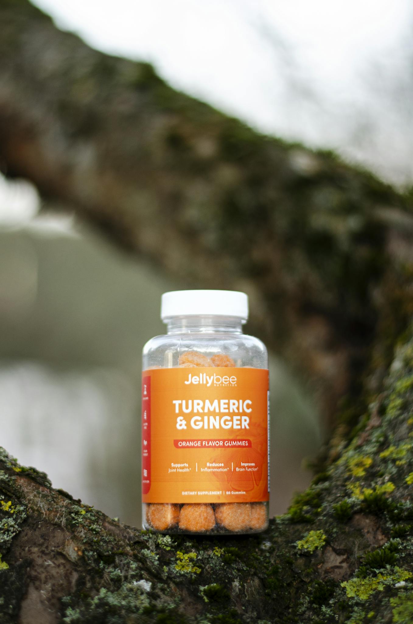 Bottle of Jellybee Turmeric & Ginger gummies displayed outdoors, emphasizing health and natural ingredients.